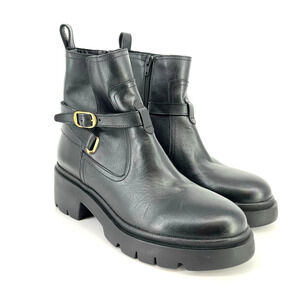Steve Madden Colletta Leather Buckle Lug Sole Boots Womens Size 9.5 Black